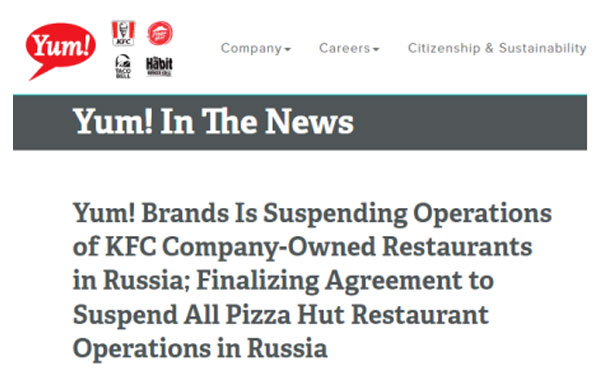 Yum!Brands宣布出售俄罗斯的肯德基餐厅和特许经营权
